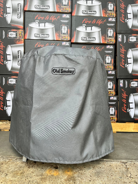 Grey Old Smokey grill cover on a charcoal grill