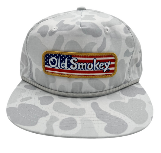 Gray camouflage cap with 'Old Smokey' American Flag logo on a white background