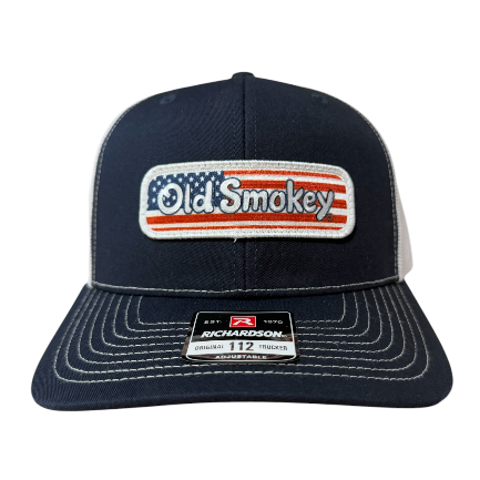 Navy blue cap with American Flag Old Smokey logo on a white background