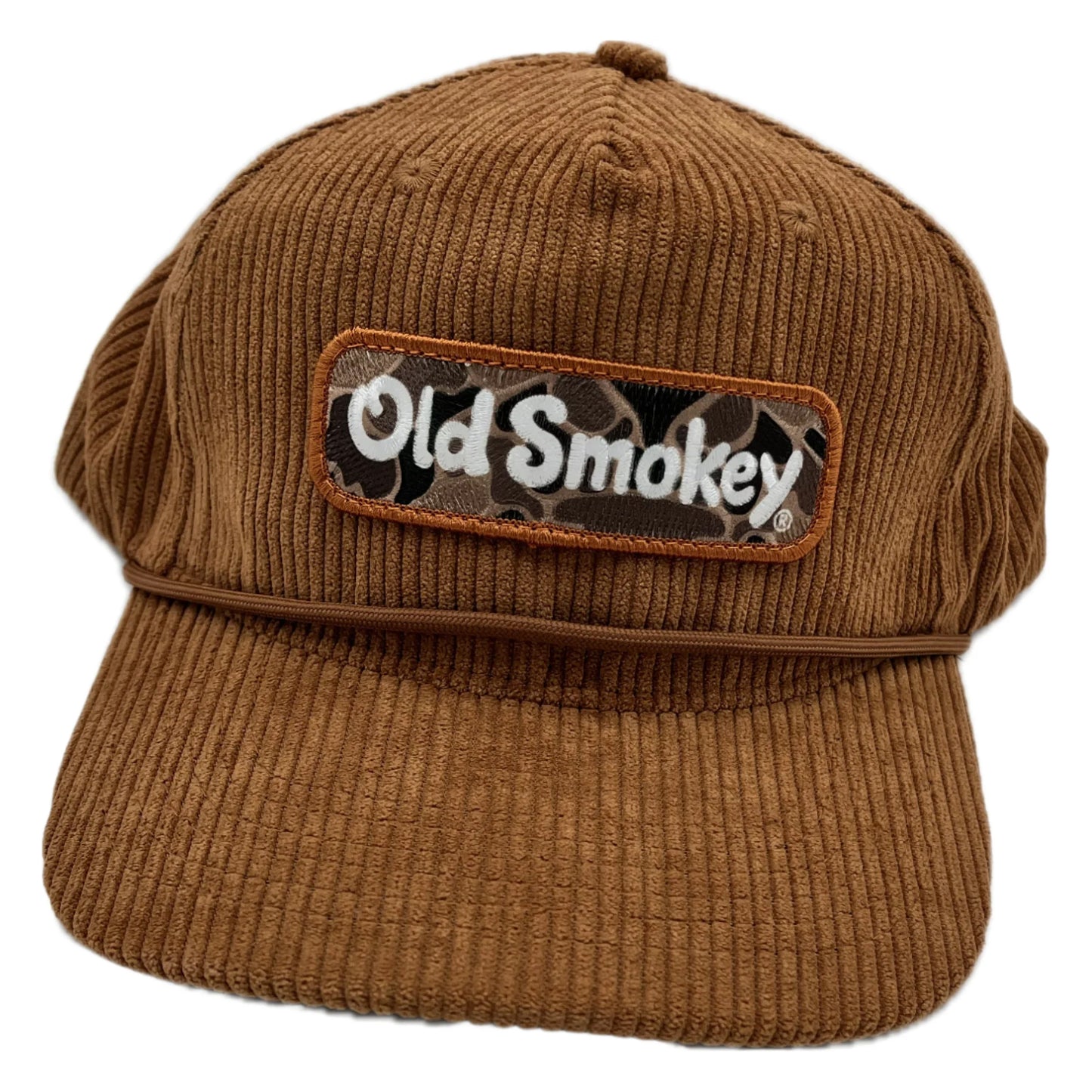 Brown corduroy cap with 'Old Smokey' camo logo on a white background