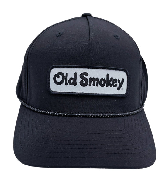 Front view of the black mesh hat with Old Smokey logo