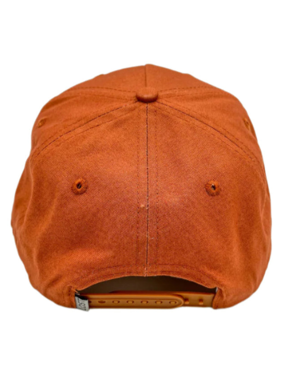 Back view of an orange cap on a white background