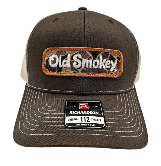 Brown trucker cap with 'Old Smokey' logo on a white background