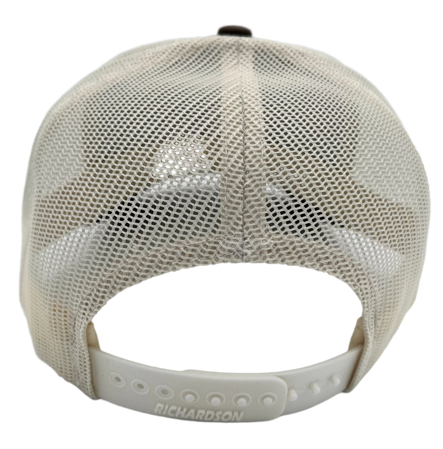 Beige mesh cap with Richardson branding on a light gray background
