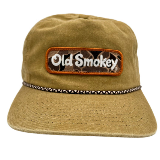 Brown cap with 'Old Smokey' camo logo on a white background