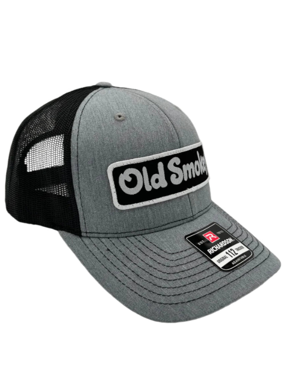 Gray and black cap with 'Old Smokey' logo on a white background