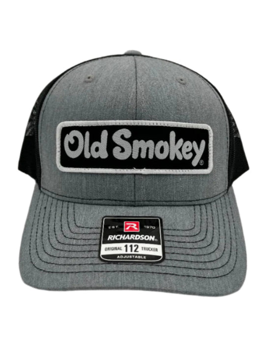 Gray and black trucker hat with 'Old Smokey' logo on a white background