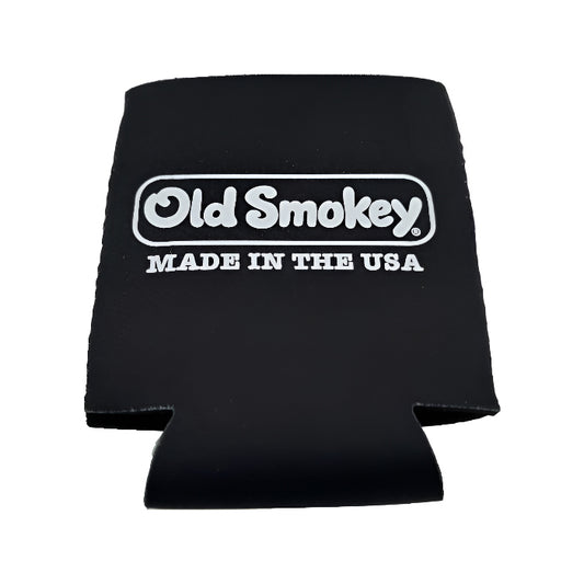 Black can cooler koozie with 'Old Smokey Made in the USA' text on a white background