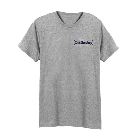 Gray t-shirt with 'Old Smokey' logo on a white background