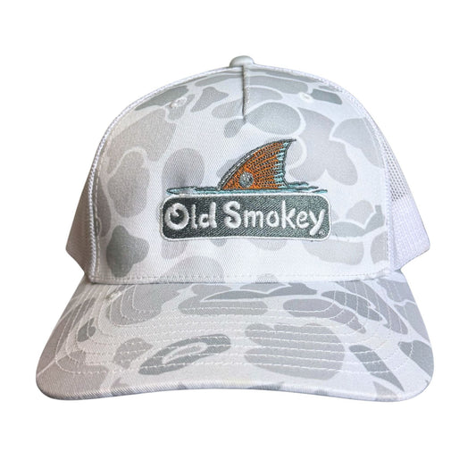 Camouflage-patterned cap with 'Old Smokey' logo and red tailer fin sticking out of the water on a white background