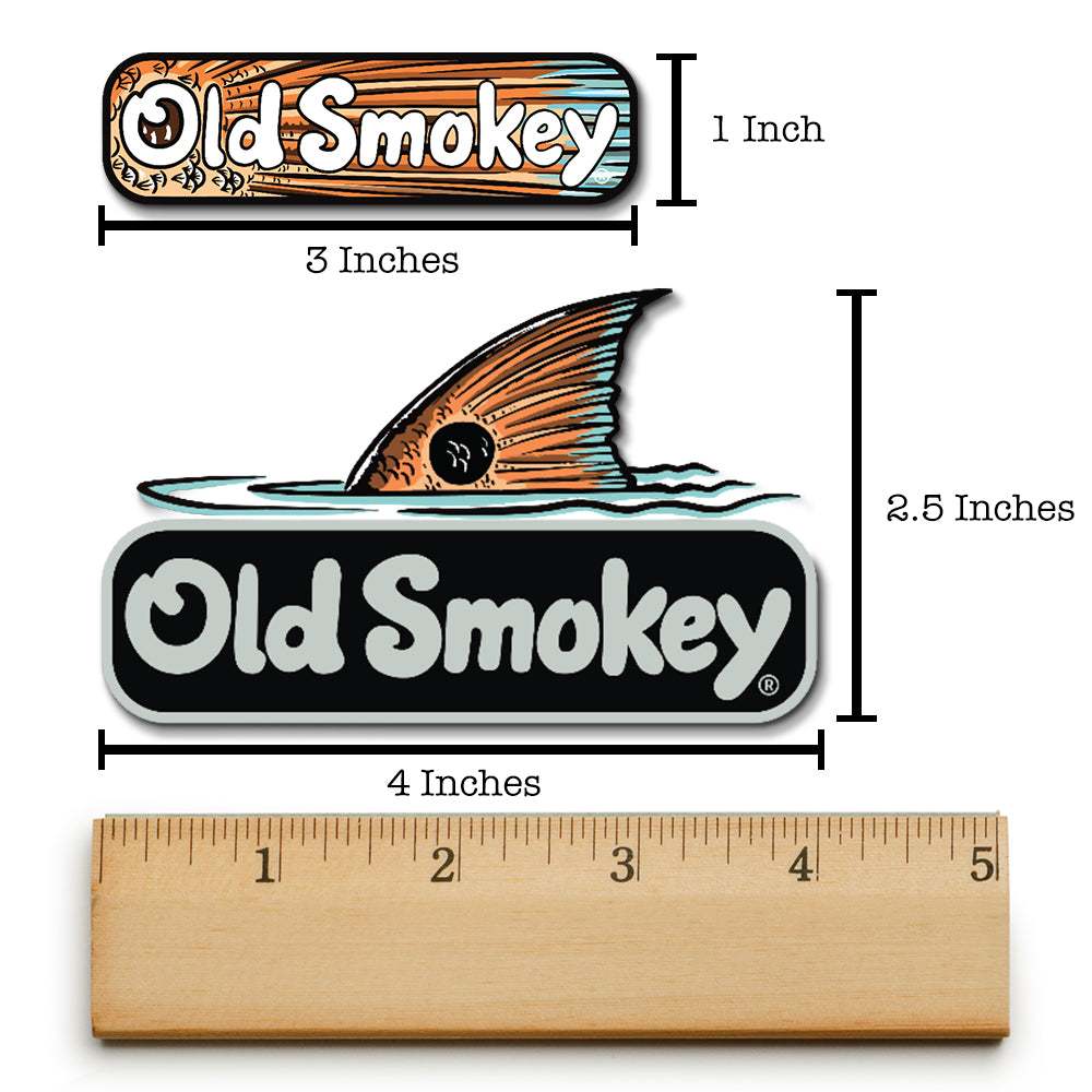 Old Smokey logo and fish tail design with measurements and a ruler for scale.