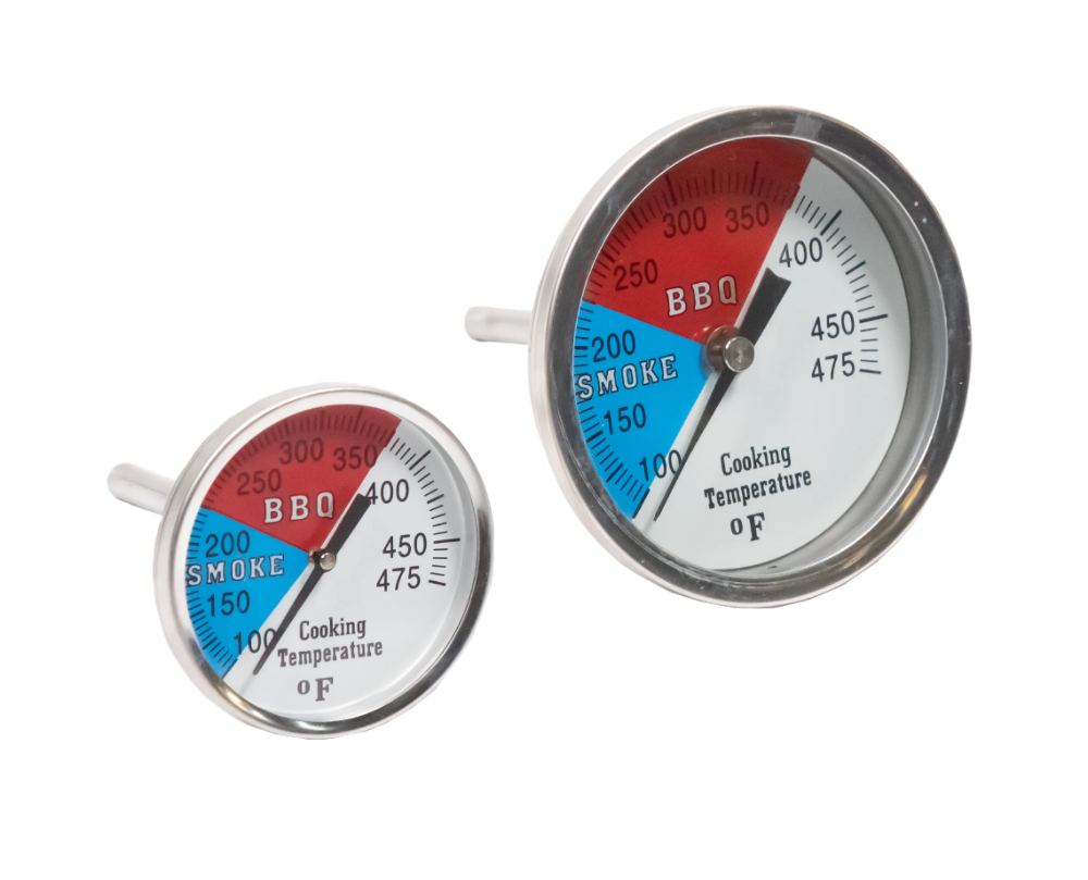 Two BBQ thermometers with red, blue, and silver design on a white background