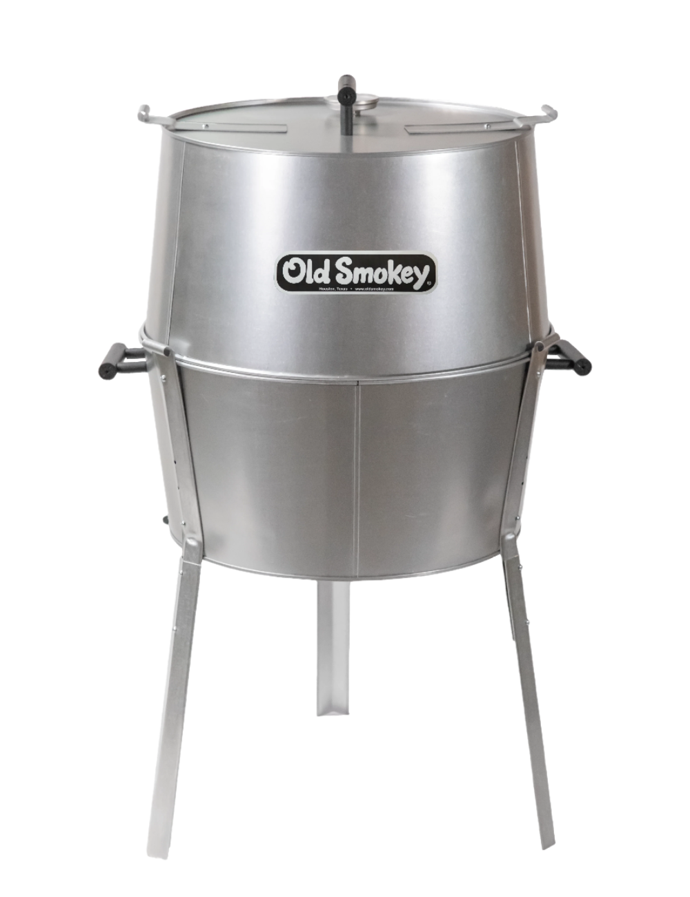 Stainless steel barrel-style barbecue smoker with 'Old Smokey' branding on a white background