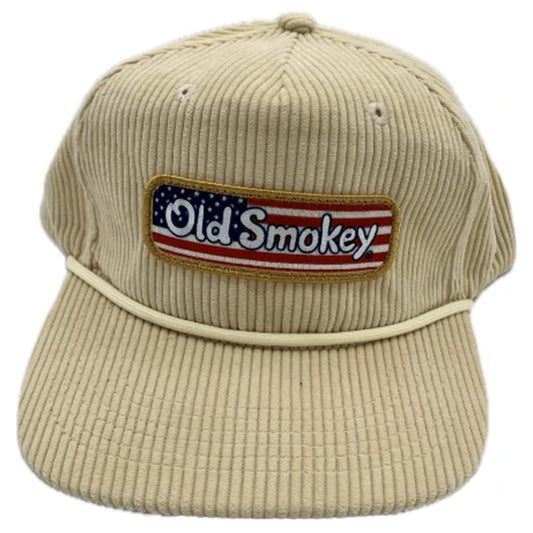 Beige corduroy cap with Old Smokey American flag logo on a white background