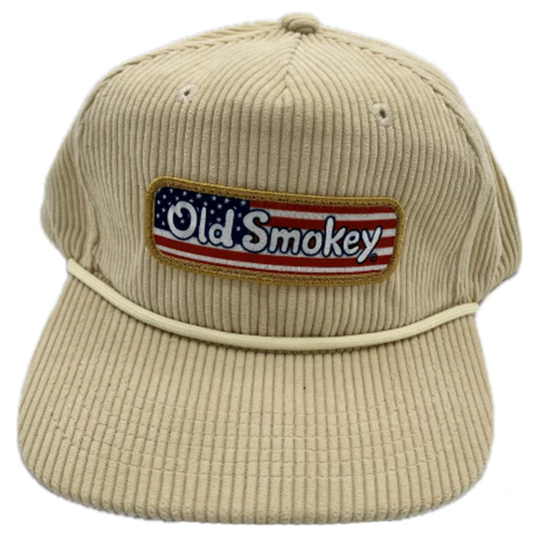 Beige corduroy cap with Old Smokey American flag logo on a white background
