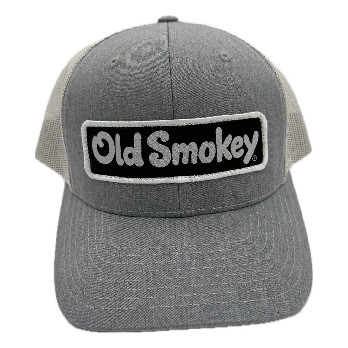 Gray trucker cap with 'Old Smokey' logo on a white background