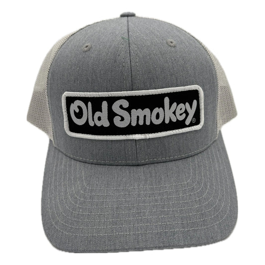 Gray trucker cap with 'Old Smokey' logo on a white background