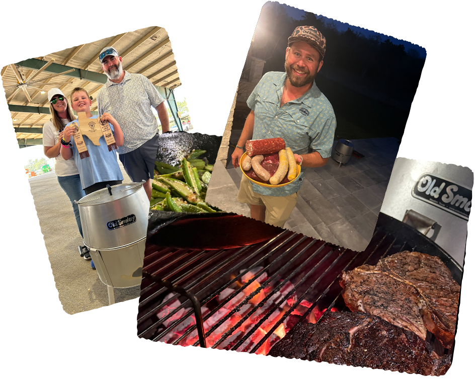 A collage of images of people showing off their food cooked on an Old Smokey Gril