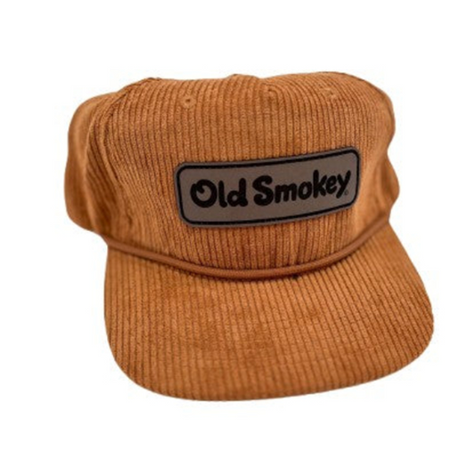 Orange corduroy cap with 'Old Smokey' patch on a white background