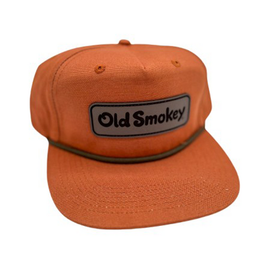 An orange baseball cap with 'Old Smokey' text on the front.