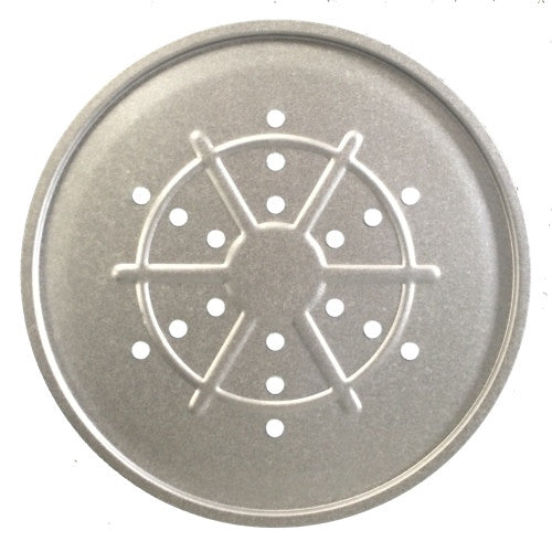 A round metal bottom grate with multiple holes distributed evenly across the surface.