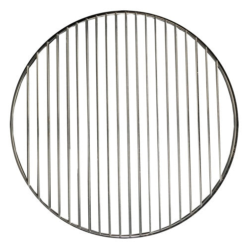 A round metal grill grate with vertical bars.