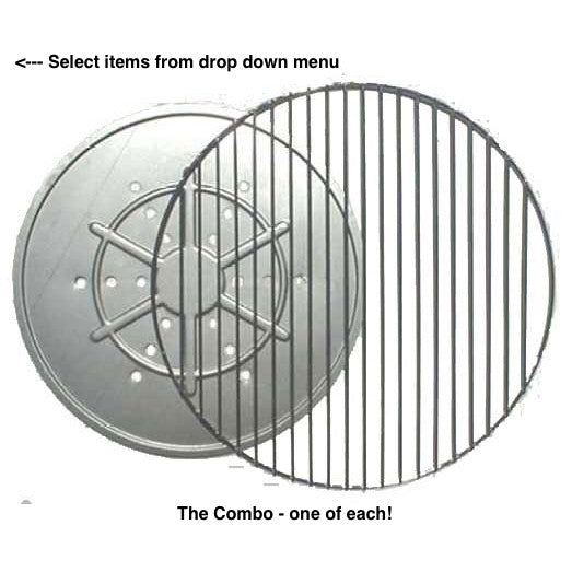 A combo pack of a bottom grate and a top grill for a charcoal grill, both circular and made of metal.