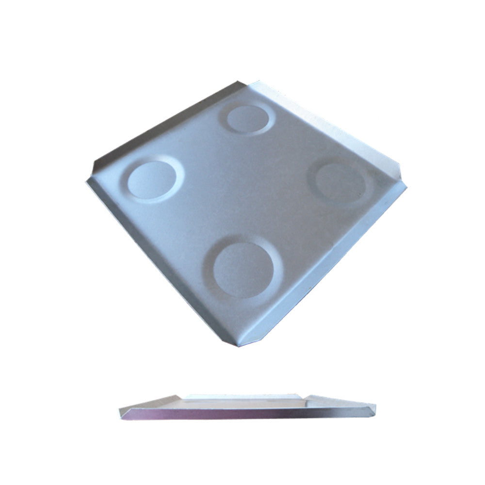 A silver-colored square electric smoker replacement chip tray with circular cut-outs, viewed from the top and side angles.