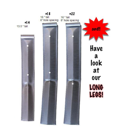 Three gray metal legs for an Old Smokey charcoal grill, with different heights marked on each, and a promotional note about long legs.