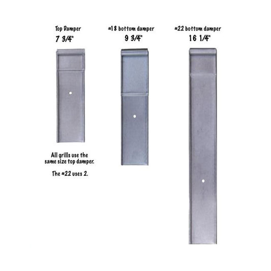 Three gray metal charcoal grill dampers of different sizes, labeled for top and bottom placement on a grill.