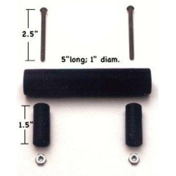 Charcoal grill replacement handle displayed with mounting hardware, showing the length and diameter of the handle.