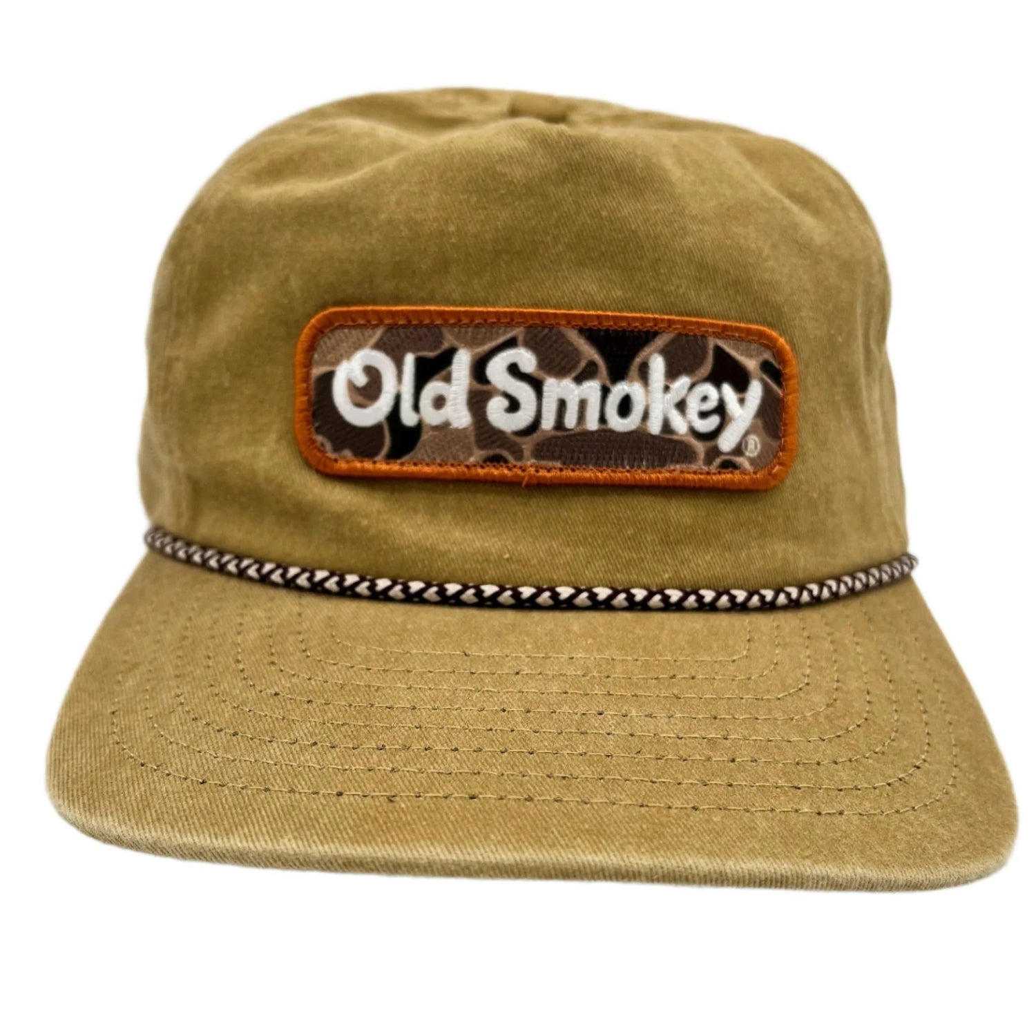 Old Smokey Blue Hat with American Flag Patch and White Rope around Bill