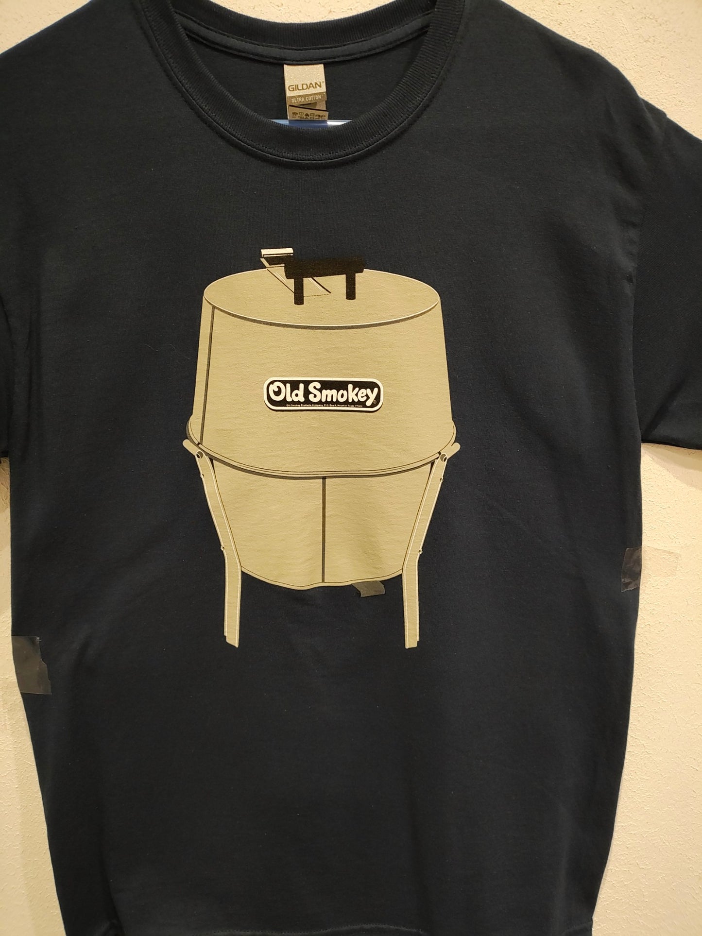 Old Smokey Charcoal Grill design on a navy shirt