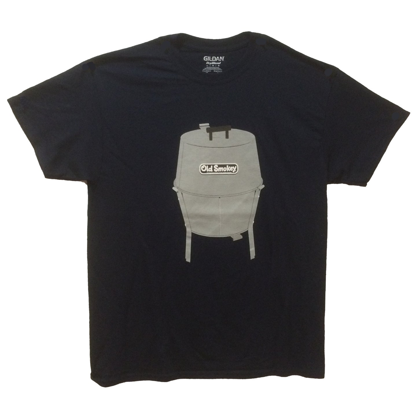 Grey Old Smokey Charcoal Grill on a navy shirt